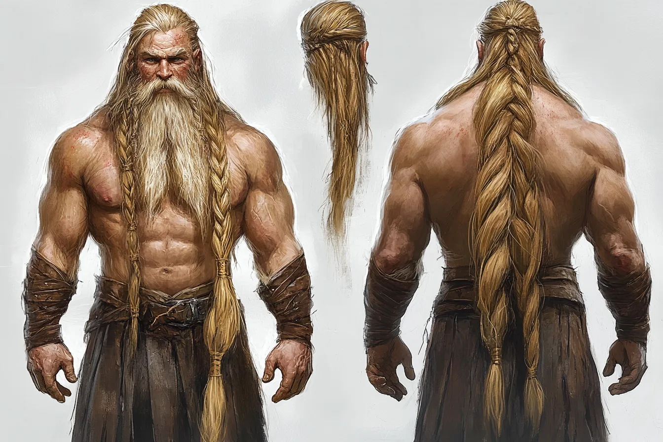 ドワーフキャラクター・金髪の戦王｜長く編み込まれた金髪と豪快な体格が印象的なドワーフキャラクター。筋肉の凹凸や髪の描写が非常に写実的で、王者の風格と英雄譚的存在感を放つ構図になっている。