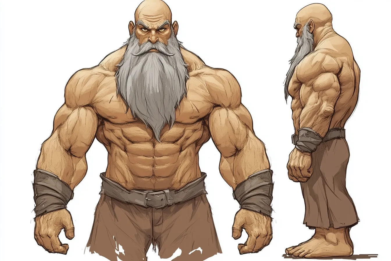 ドワーフキャラクター・荒野の闘士｜剃髪と分厚い白髭が特徴的な、力強いドワーフキャラクター。イラスト調のアニメ寄りの描写ながら、肉体美の表現に重点が置かれ、厳しさと誇り高さが感じられる。