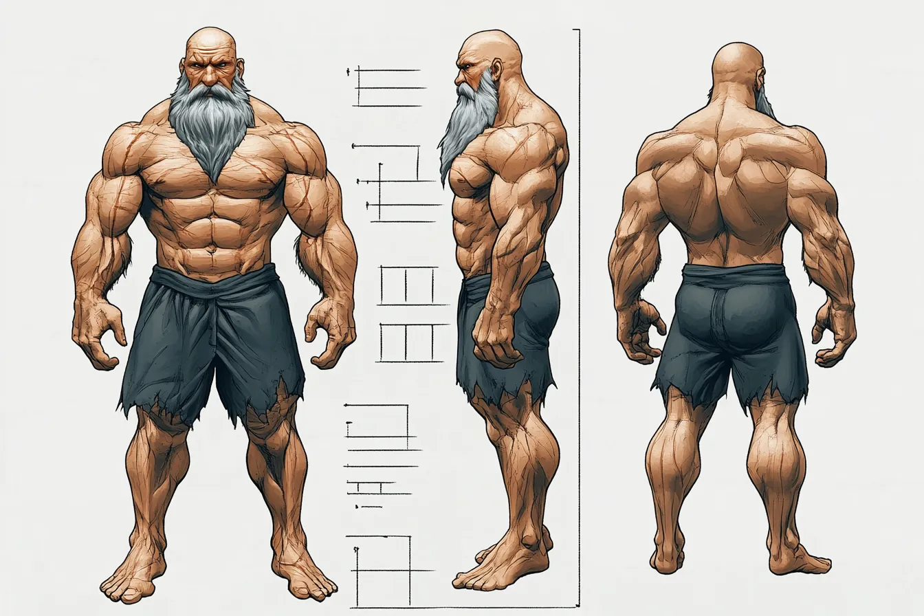 ドワーフキャラクター・屈強なる監視者｜格闘家のようなボディと鋭い視線が印象深いドワーフキャラクター。三面図で構成され、筋肉の構造とバランスが詳細に描かれており、鍛え抜かれた守護者のような迫力を備える。