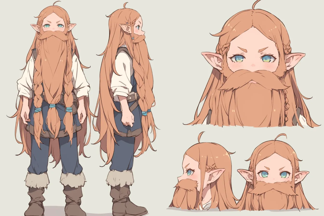 ホビットキャラクター・誇り高き髭姫｜豊かな長髪と編み込んだ髭が印象的なホビットキャラクター。力強い眼差しと整った構図が女性ながらも伝統と誇りを重んじる芯の強さを表現している。
