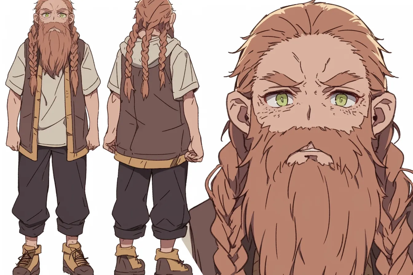 ホビットキャラクター・現代風の鍛冶師｜ベストとスニーカーが斬新な、現代的アレンジを加えたホビットキャラクター。親しみある雰囲気と生活感のある服装がユーモラスな魅力を引き出す。