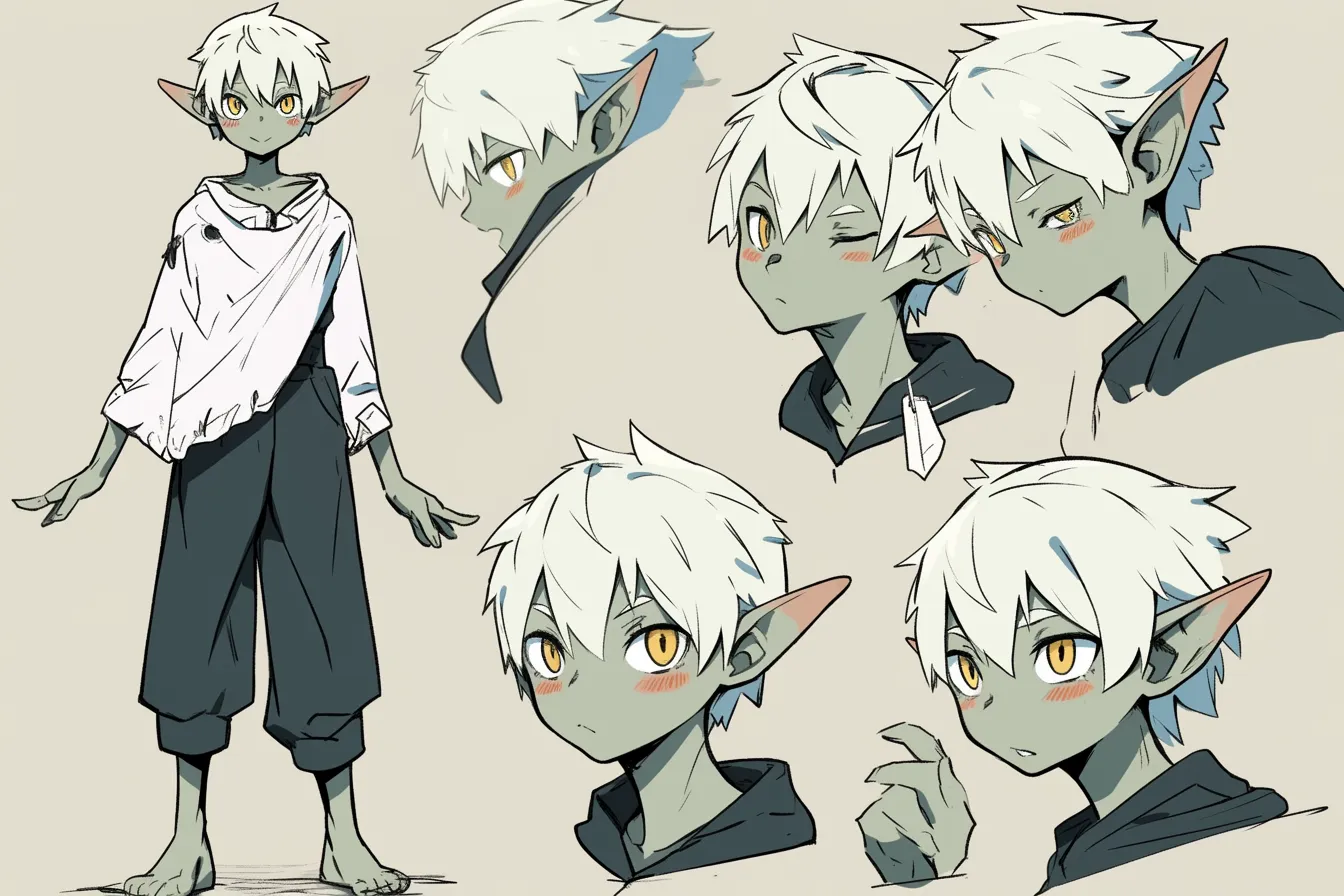 ゴブリンキャラクター・白布の隠者｜白髪と包帯姿が印象的な若いゴブリンキャラクター。モノトーン寄りの配色が静かな内面を映し出し、表情のバリエーションが感情の揺らぎを丁寧に伝えている。