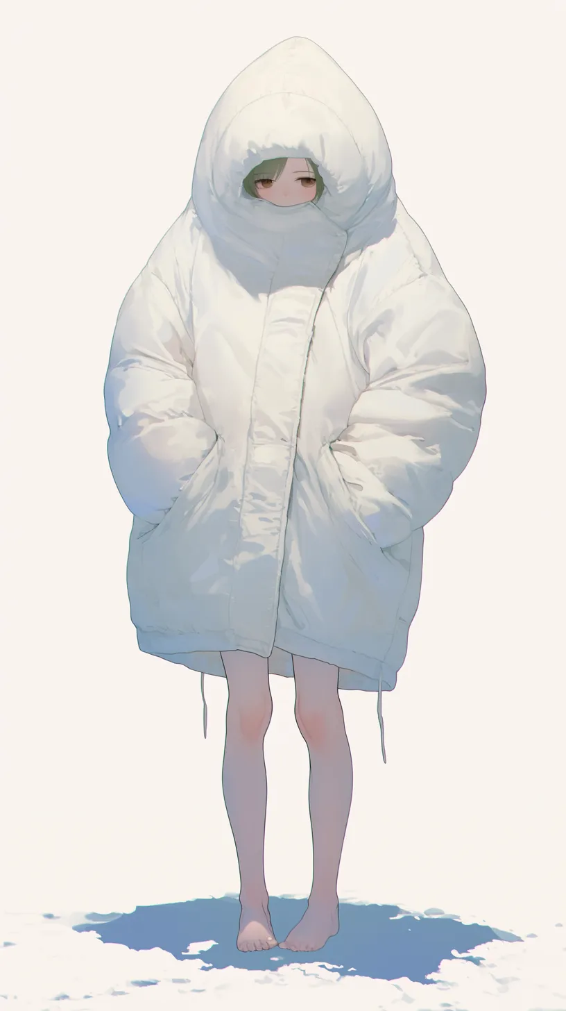 寒い雪原に佇むオーバーサイズ少女｜ふかふかの白いダウンジャケットに包まれ、雪の上に裸足で立つ少女の対比が印象的。温かさと寒さが同居する構図で、柔らかい光の表現が幻想的な雰囲気を醸し出している。シンプルな背景が少女の存在感を引き立て、どこか夢のような世界観を感じさせる。