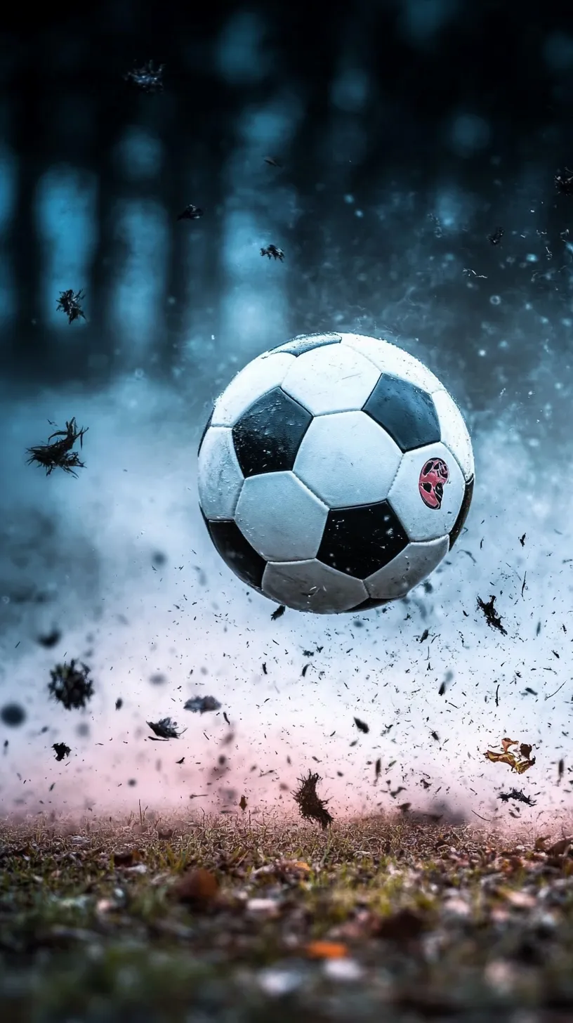 疾風の中を駆けるサッカーボール かっこいいサッカー壁紙｜吹き荒れる風が大地を舞い上げる中、勢いよく転がるサッカーボール。荒々しい自然とスポーツの力強さが融合した、迫力あるかっこいいサッカー壁紙。
