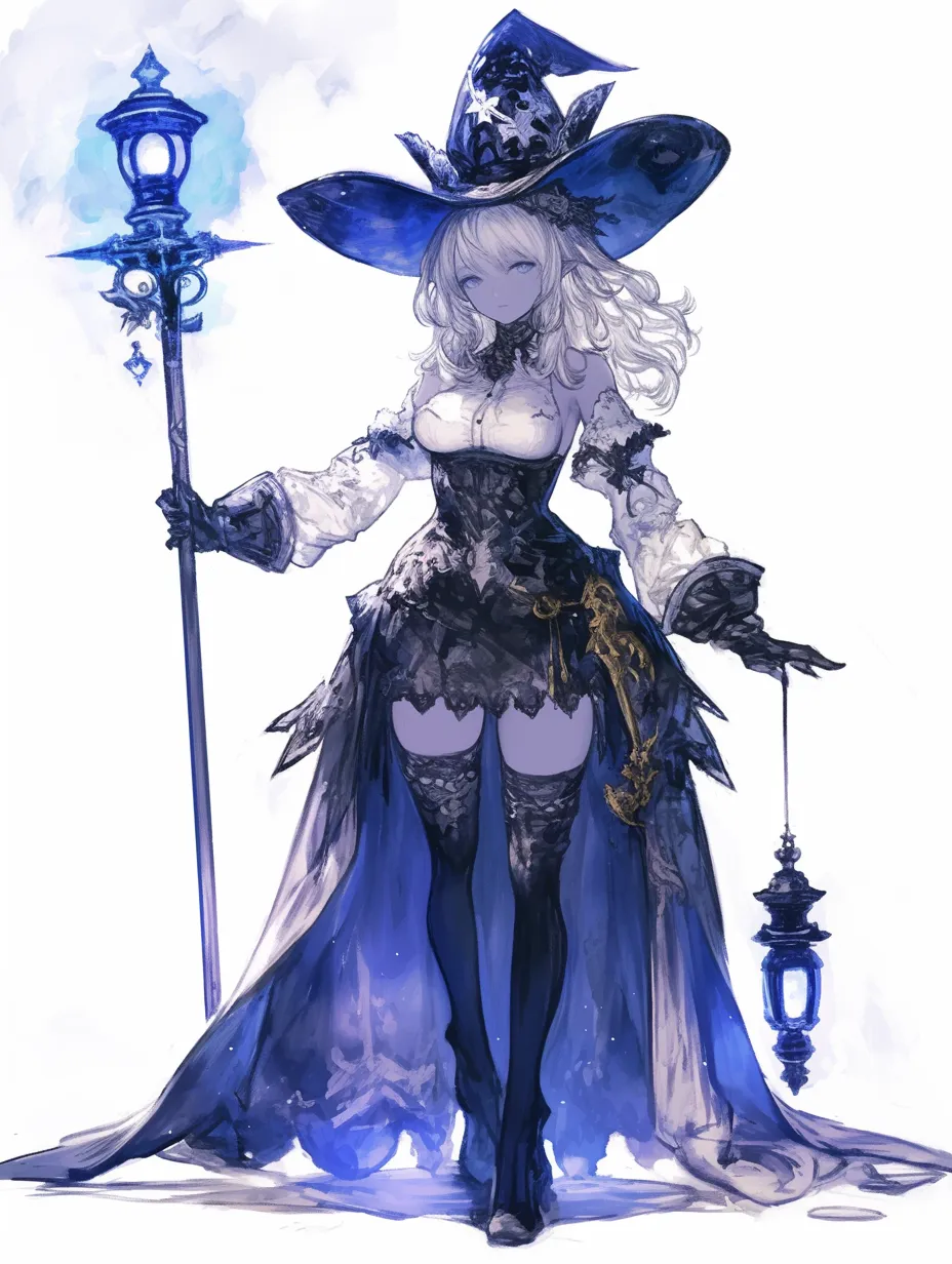 深淵の光を灯すかっこいい魔女｜青白い灯火を掲げたこのかっこいい魔女は、闇の奥底から光をもたらす者のように見える。装いは黒と青の深みのある配色で統一され、幻想的な星のモチーフが夜空を思わせる。その瞳には知識と神秘の力が宿り、ただ美しいだけでなく畏怖の念を抱かせる存在だ。彼女が持つ灯りは、道を示すものか、それとも破滅の予兆なのか。