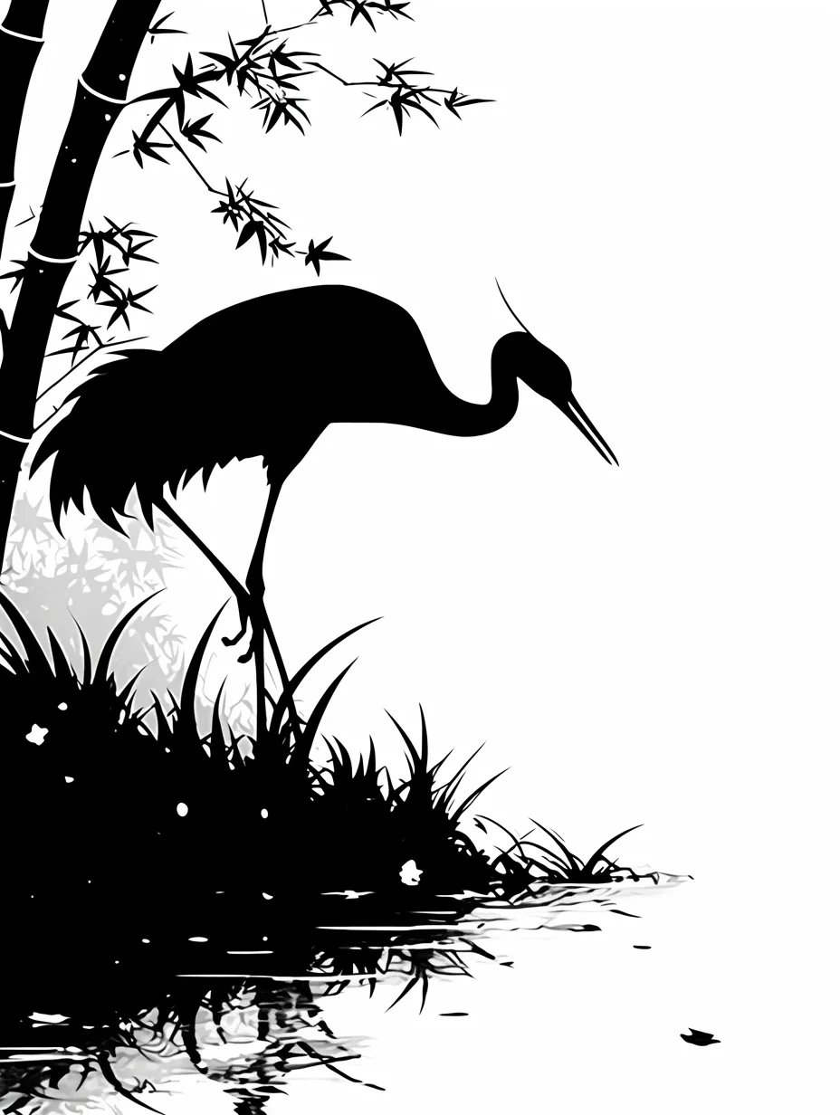 シルエット鶴が水辺に佇むイラスト｜墨絵のようなモノクロ表現で、水辺に身を寄せる鶴の静けさを描いた作品。和風の雰囲気が漂い、シルエットの陰影が幻想的な印象を与えます。