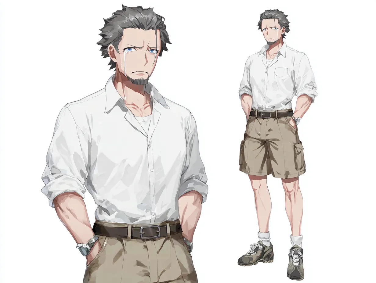 泣き顔のおじさんキャラクター｜悲しき過去｜白シャツにショートパンツという軽装ながらも、表情には深い哀しみが刻まれた泣き顔のおじさんキャラクター。爽やかな配色とカジュアルなデザインに対し、涙の表現が際立つスタイル。かつて家族を守れなかったという過去が今も彼を苦しめている。