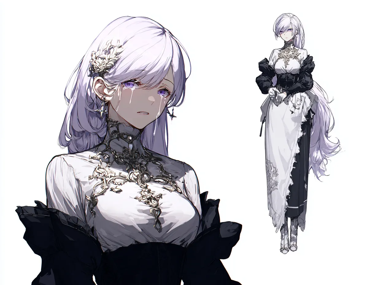 泣き顔の銀髪キャラクター｜悲しき過去｜白銀の髪と緻密な装飾をまとった泣き顔の銀髪キャラクター。高貴な佇まいと黒白のドレスが対比を成し、涙に静謐な悲哀を宿す。かつて妹を守れなかった自責の念が、泣き顔の銀髪キャラクターの深い孤独を物語る。