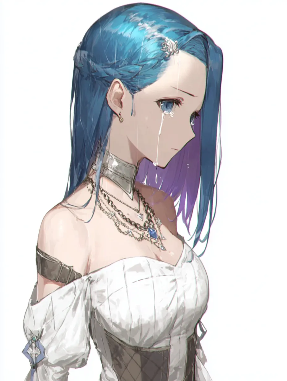 泣き顔の青髪キャラクター｜悲しき過去｜澄んだ青髪と繊細な装飾が印象的な泣き顔の青髪キャラクター。白のドレスと首飾りが冷たい美しさを際立たせ、流れる涙がその静けさに波紋を描く。最後に交わした約束を果たせなかった後悔が、今も心に影を落とす。
