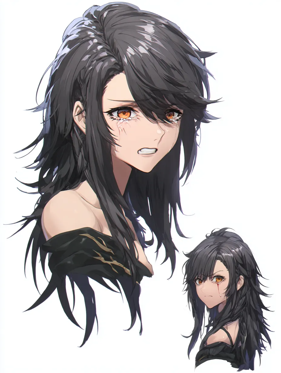 泣き顔のロングヘアキャラクター｜悲しき過去｜黒に近い濃色のロングヘアが揺れる、泣き顔のロングヘアキャラクター。鋭さを残す目元に滲む涙が、激しい感情と抑えた苦悩の両方を伝える。大切な人を守れなかったという傷が、表情に深く刻まれている。