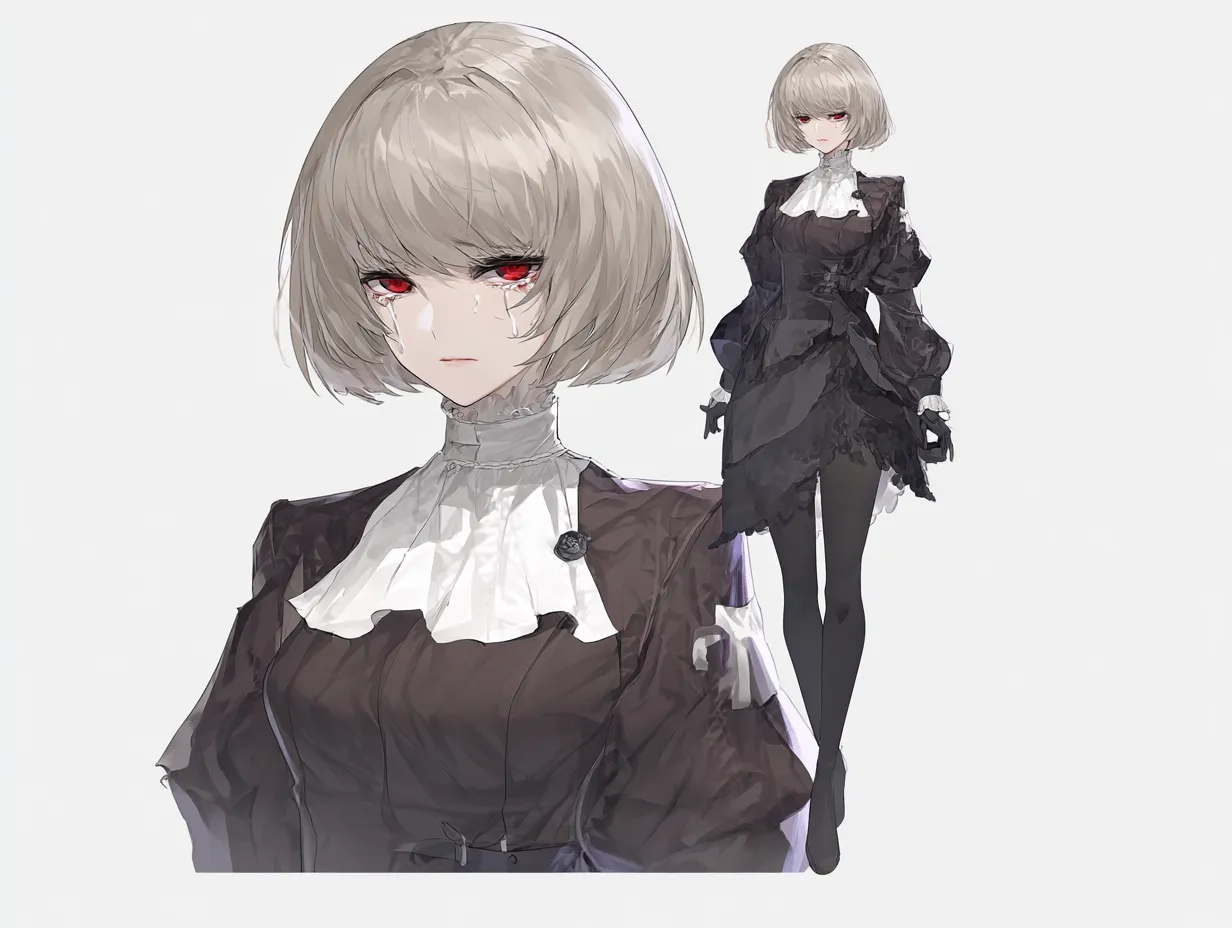 泣き顔のボブカットキャラクター（灰）｜悲しき過去｜淡いグレーヘアと端正な黒ワンピースが調和する泣き顔のボブカットキャラクター。赤い瞳が涙を際立たせ、静かで鋭い感情を内に秘めたデザイン。命令に背けなかった罪が、彼女の表情に永遠の後悔を刻んでいる。