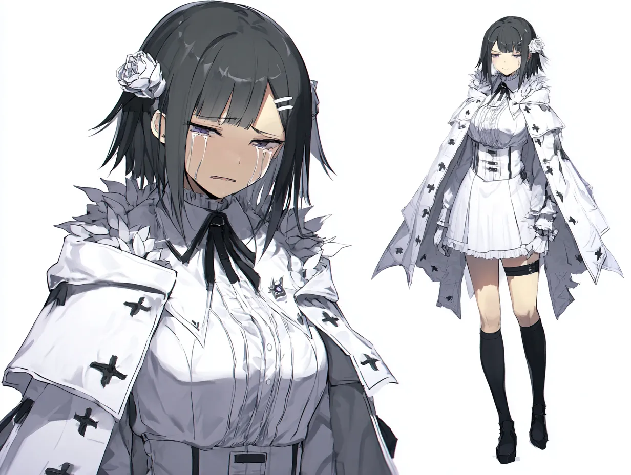 泣き顔のボブカットキャラクター（黒）｜悲しき過去｜白を基調とした衣装と黒ボブが印象的な泣き顔のボブカットキャラクター。ケープや装飾に施された十字が印象的で、神聖さと悲しみが混ざり合う。かつて自らの選択で仲間を犠牲にした過去を悔やみ続けている。