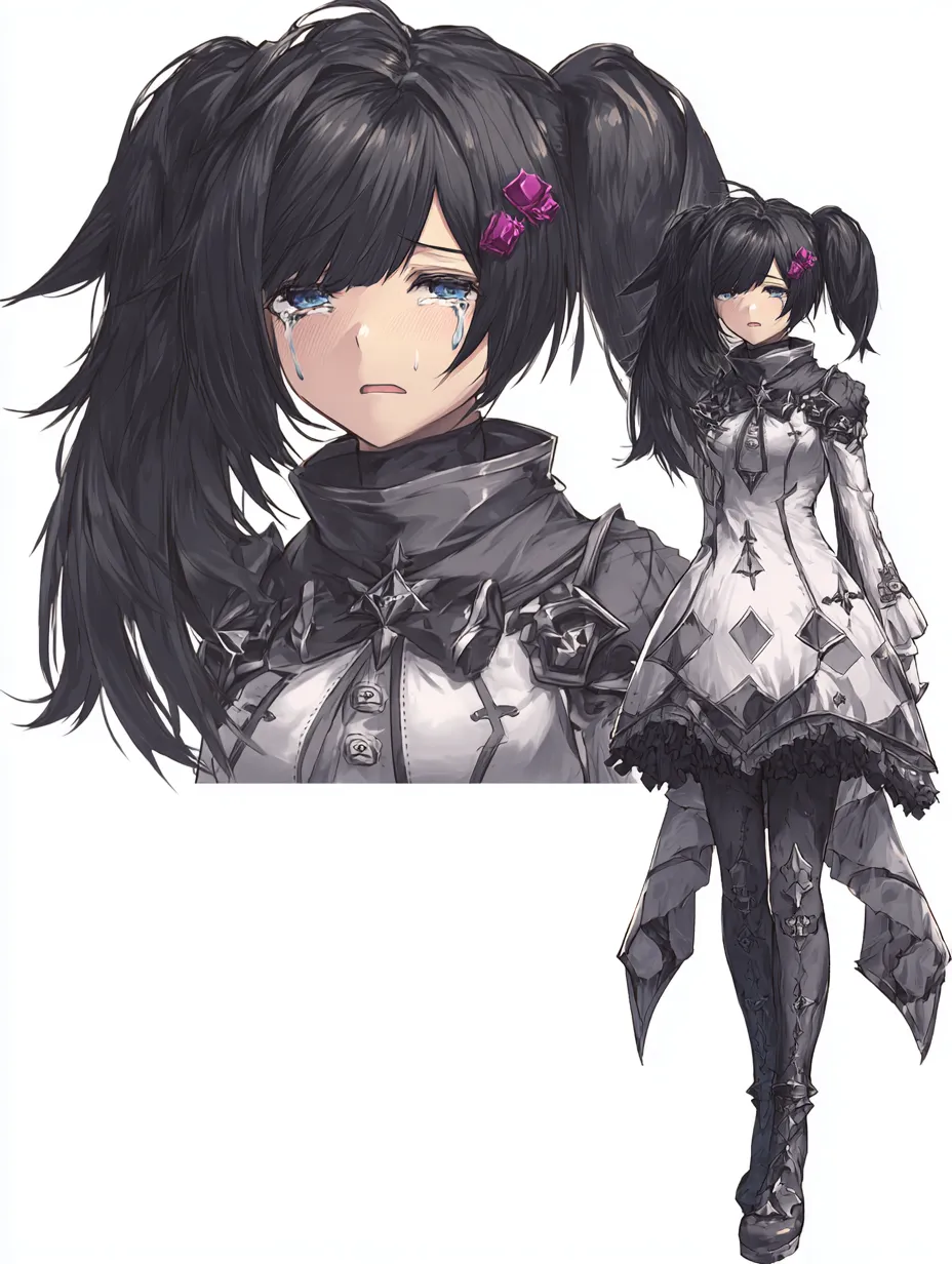 泣き顔のツインテールキャラクター｜悲しき過去｜ツインテールと鋲付きの白黒衣装が目を引く泣き顔のツインテールキャラクター。鋭利な装飾と対照的に、涙は幼さと純粋さをにじませる。ずっと隠していた親友への嘘が、ついに彼女の頬を涙で濡らした。
