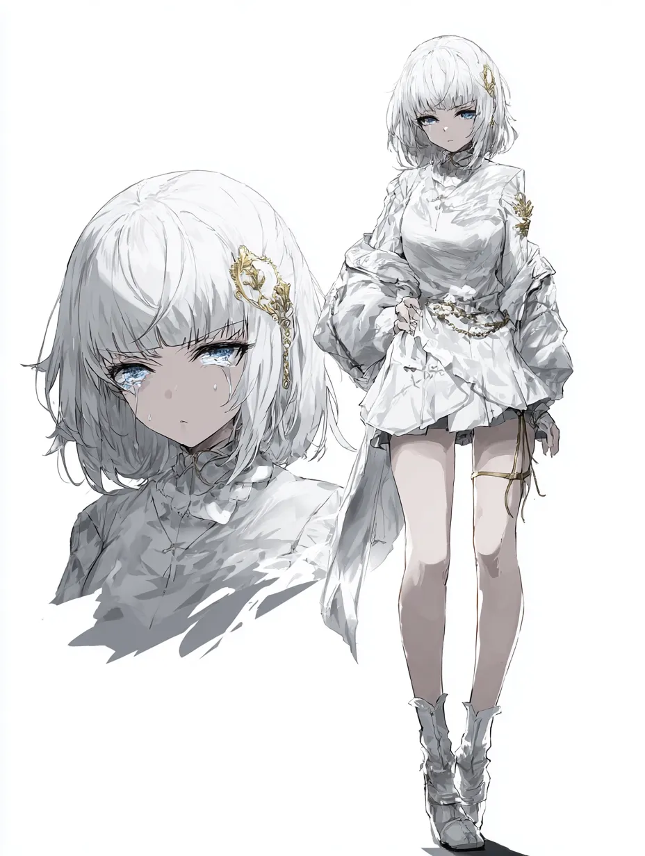 泣き顔のぱっつんキャラクター｜悲しき過去｜清廉な白と金の衣装に包まれた泣き顔のぱっつんキャラクター。端正な前髪と涙に濡れた青い瞳が、冷たくも繊細な印象を与える。自分が原因で大切な人の夢が潰えたという過去が、彼女の笑顔を封じている。