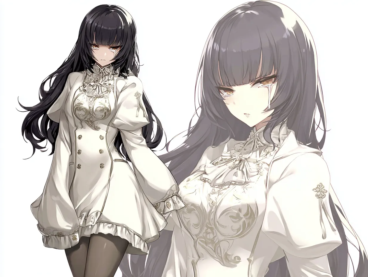 泣き顔のぱっつんキャラクター｜悲しき過去｜高貴な雰囲気をまとうぱっつん前髪の少女。白と金を基調としたクラシカルなドレスが印象的で、整った髪型が凛とした気品を感じさせる。かつて王族としての運命を背負いながら、大切な家族を守れなかったという記憶が彼女の内に深く刻まれている。泣き顔のぱっつんキャラクターは、その後悔と誓いを胸に静かに生きている。