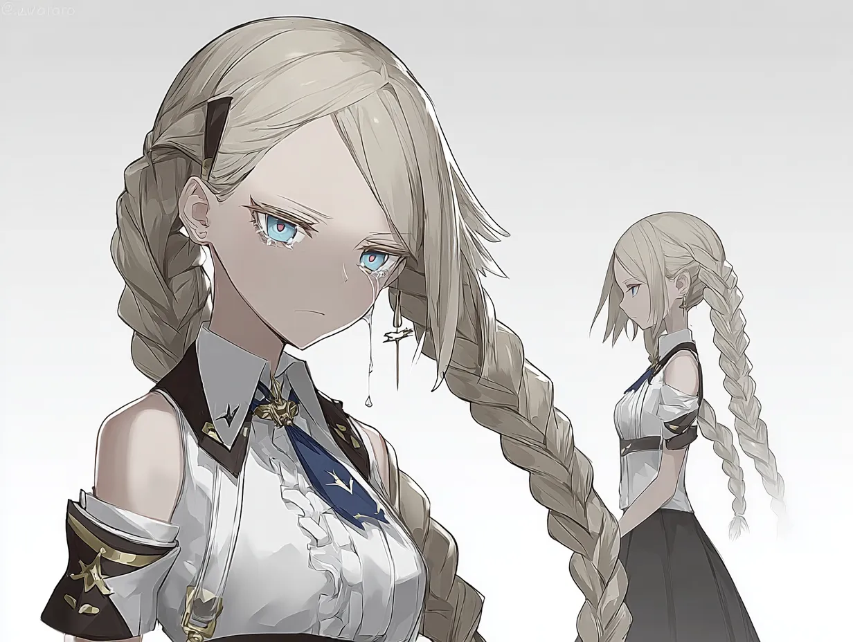 泣き顔の編み込みキャラクター｜悲しき過去｜双つ編みを長く伸ばした清楚な少女。制服風の衣装に星のモチーフが施され、知的で繊細な印象を与える。目元からこぼれる涙が静けさの中に痛みを宿している。彼女はかつて親友の嘘によって孤立し、その裏切りを今も受け入れられずにいる。泣き顔の編み込みキャラクターは、その傷に向き合いながら強さを身につけようとしている。