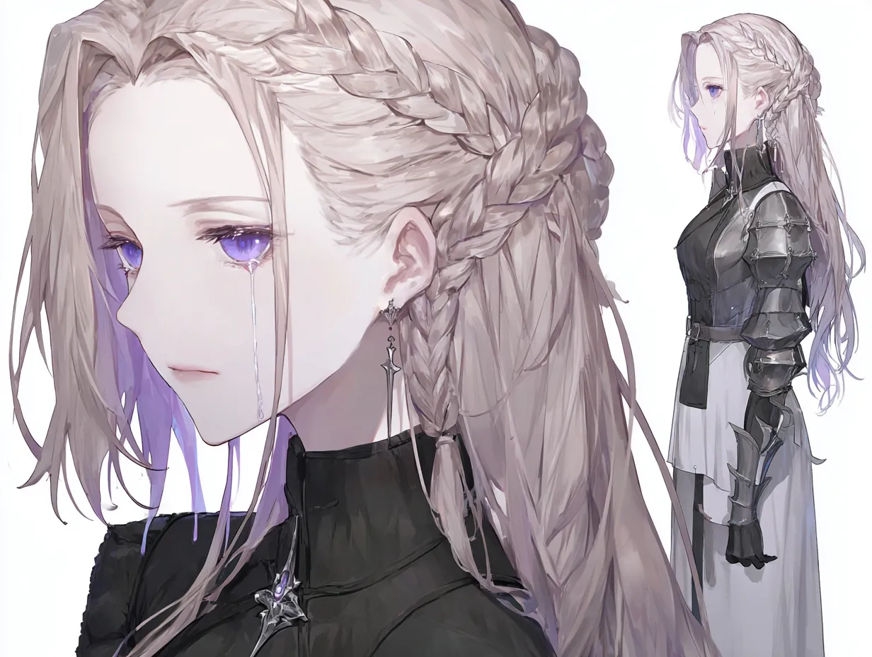 泣き顔の編み込みキャラクター｜悲しき過去｜繊細に編み込まれたロングヘアと、儚げな紫の瞳が印象的な少女。黒と白の騎士服に身を包み、気高さと哀しみを併せ持つデザイン。昔、姉の身代わりとして戦場へ送り出された記憶が彼女を苦しめる。泣き顔の編み込みキャラクターは、愛する者の意志を継ぎながら、赦しと希望を探し続けている。