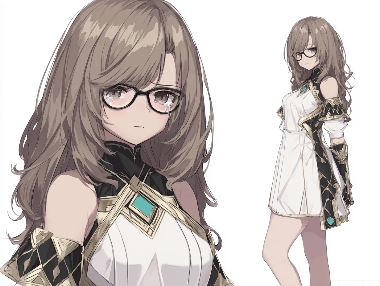 泣き顔のメガネキャラクター｜悲しき過去｜知的な眼差しの奥に涙を浮かべるロングヘアの少女。メガネとモノトーンの衣装が端正な雰囲気を演出し、落ち着いた佇まいの中に繊細な感情がにじむ。最愛の兄の死を告げられた日から、彼女は感情を封じてきた。泣き顔のメガネキャラクターは、初めて心の扉を開こうとしている。