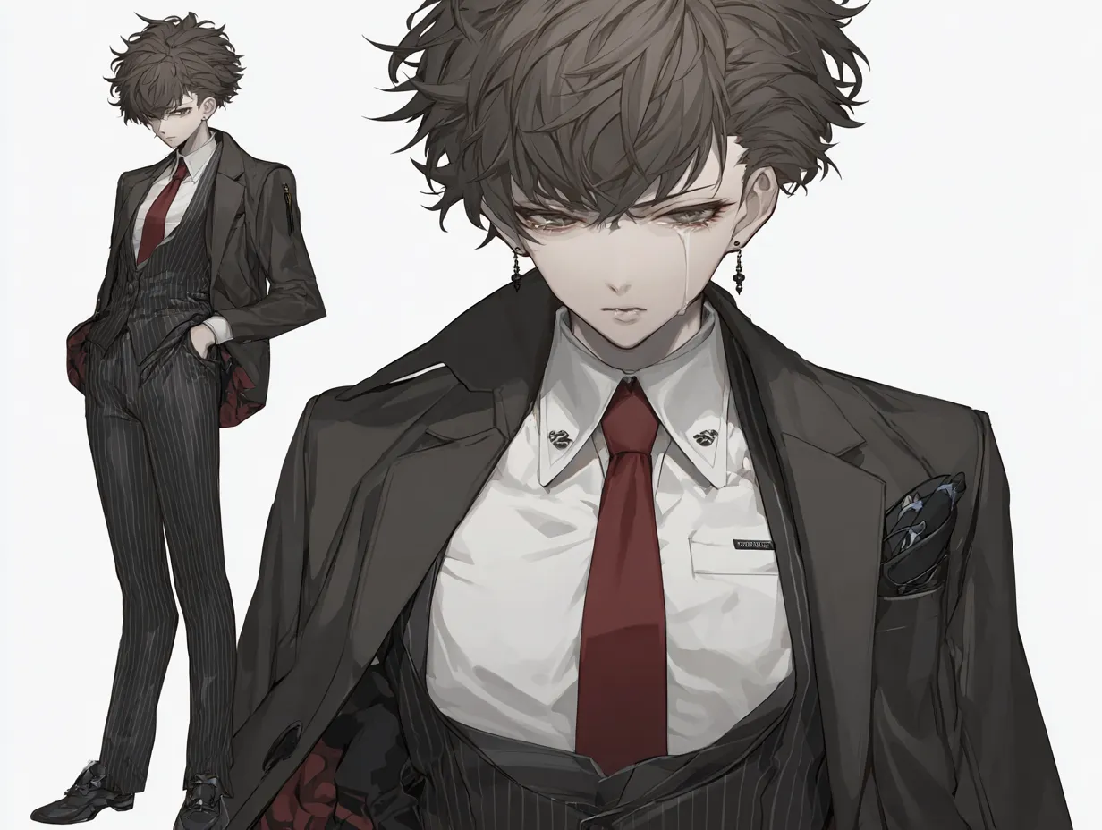 泣き顔のスーツキャラクター｜悲しき過去｜モノトーンのスリーピーススーツをスマートに着こなす青年。整った髪型と鋭い目元からも、冷静さと孤独が滲み出る。幼少期に家族を失い、自らの決断で仲間を裏切った過去が今も心を蝕んでいる。泣き顔のスーツキャラクターは、その罪と向き合いながら新たな一歩を踏み出そうとしている。