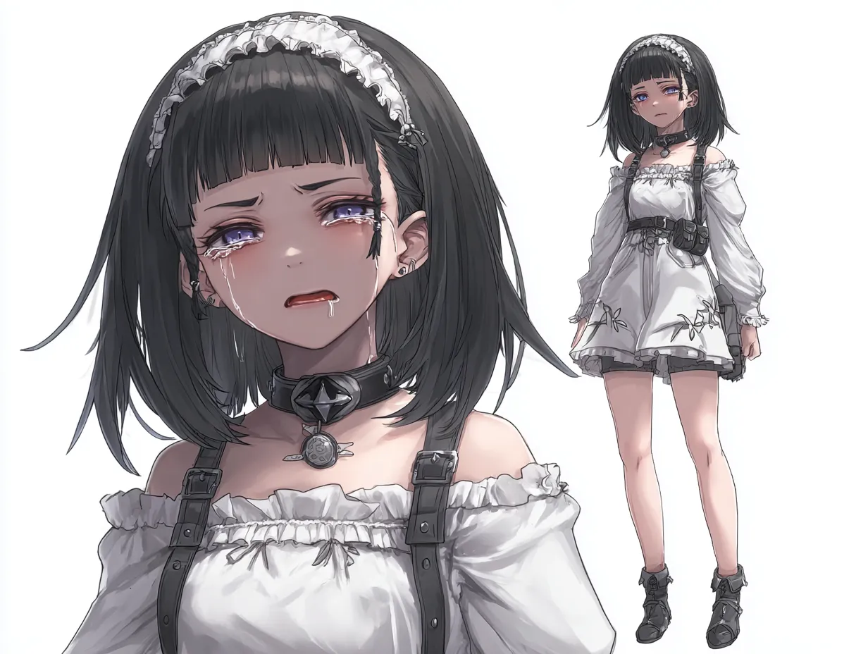 泣き顔のこどもキャラクター｜悲しき過去｜白のワンピースと黒いレザーアクセントが印象的な泣き顔のこどもキャラクター。レースやリボンが繊細に描かれ、涙を湛える瞳が無垢な哀しみを映す。唯一の姉を目の前で失った記憶が、彼女の成長を止めている。