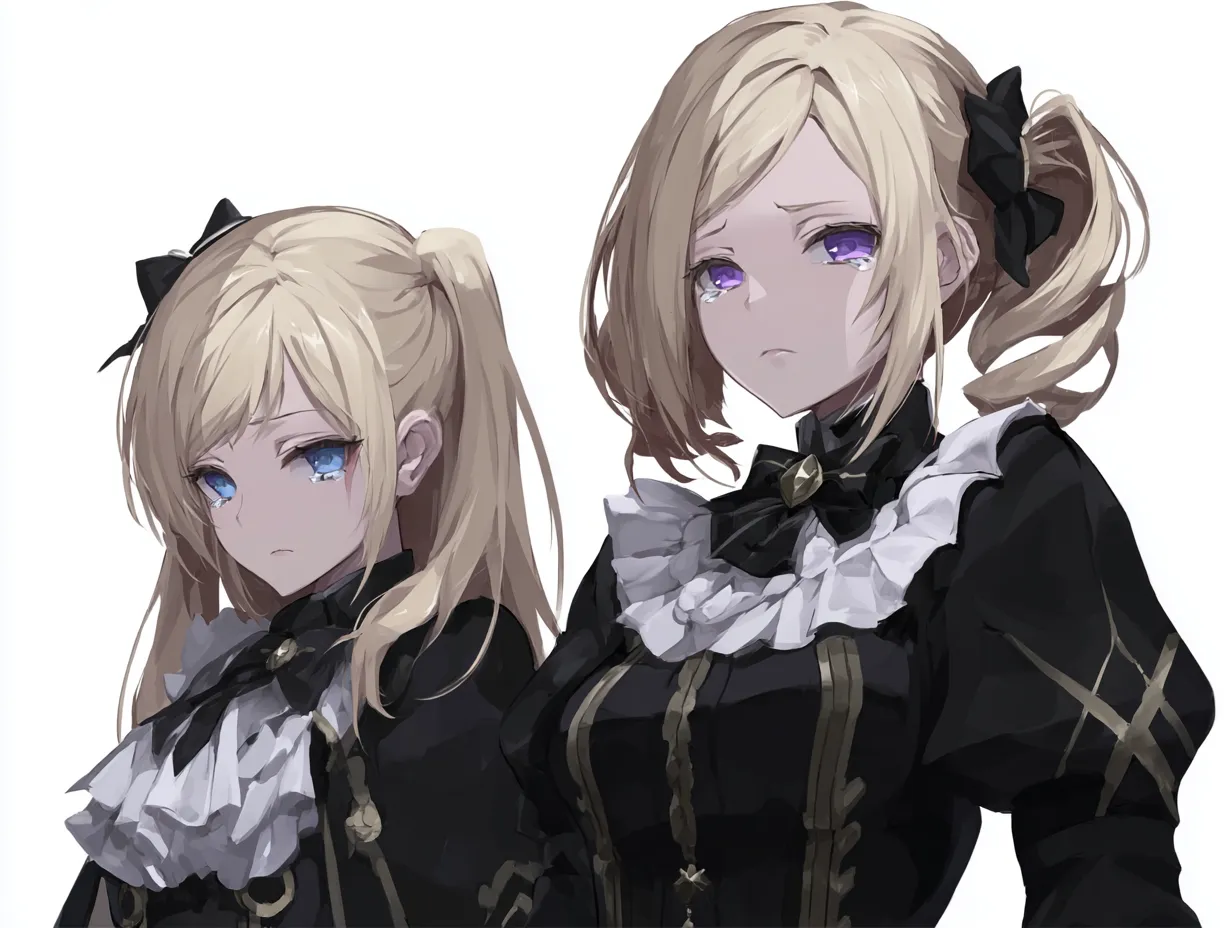 泣き顔の双子キャラクター（黒服）｜悲しき過去｜黒と白のゴシック調衣装に身を包んだ泣き顔の双子キャラクター。儚く憂いのある表情と対称的なポーズが、静かな哀愁を演出するデザイン。幼い頃に引き裂かれた家族との再会が叶わなかった過去が、彼女たちの心に影を落とす。