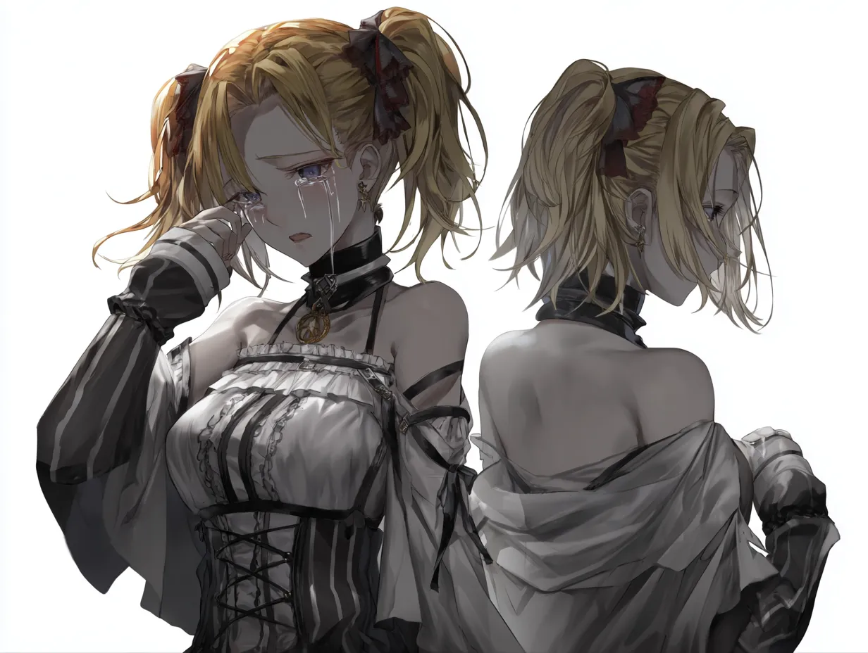 泣き顔の双子キャラクター（白服）｜悲しき過去｜白とグレーを基調にしたクラシカルなドレス姿の泣き顔の双子キャラクター。繊細なフリルと装飾が幻想的で、涙とともに語られる深い感情を引き立てる。妹をかばって罰を受け続けた姉の記憶が、二人の絆を強くも苦しくもしている。
