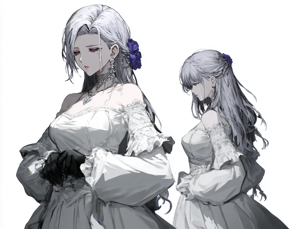 悲しき過去の双子キャラクター｜同じ姿で異なる想いを抱える、悲しき過去の双子キャラクター。純白のドレスと沈んだ表情が対照的に描かれ、静謐な空気の中に切なさと気品が漂う繊細なビジュアルです。