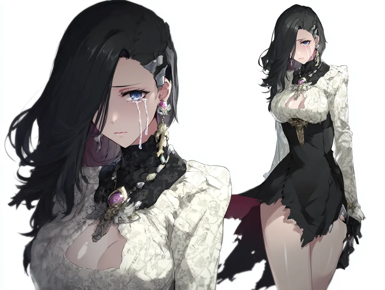 悲しき過去の黒髪キャラクター｜片目を隠した流れる黒髪と美しい涙が印象的な、悲しき過去の黒髪キャラクター。レースと宝飾をまとった姿に強さと哀しみが同居し、深い物語を感じさせるアートワークです。