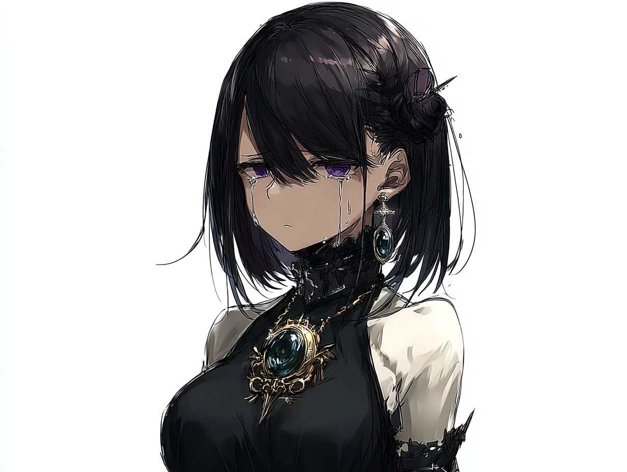 悲しき過去の黒髪キャラクター｜短めの黒髪に紫の瞳が印象的な、悲しき過去の黒髪キャラクター。黒と白の衣装に輝く装飾が静かに光り、悲しみの中に芯のある気高さが際立っています。
