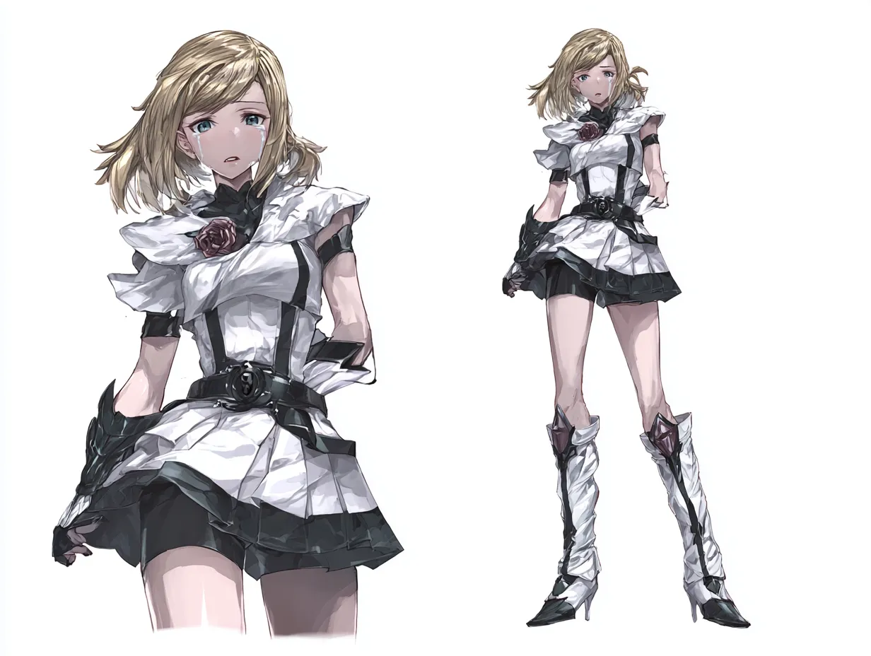 泣き顔の魔法少女キャラクター｜悲しき過去｜凛とした姿の中に哀しみを秘めたこの泣き顔の魔法少女キャラクターは、大切な親友を救えなかった過去を背負っています。シャープな描線と冷たい光彩が、正義の裏にある葛藤と後悔を浮き彫りにします。