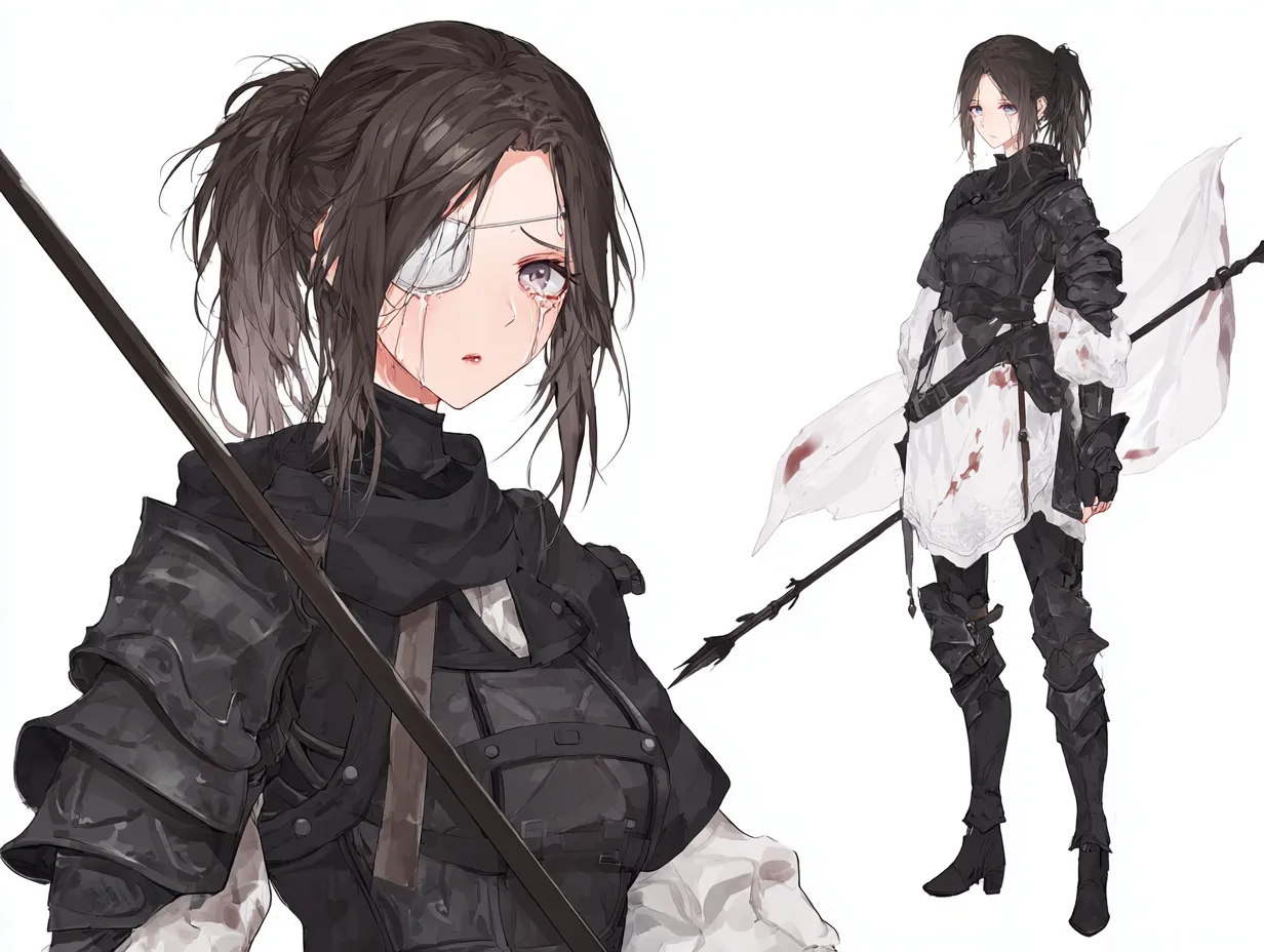 泣き顔の槍キャラクター｜悲しき過去｜左目を失った過去を背負いながら戦場に立ち続けるこの泣き顔の槍キャラクターは、仲間を庇い重傷を負った元騎士。血に染まった白布と重厚な黒装束が、消えぬ誓いと静かな闘志を印象づけています。