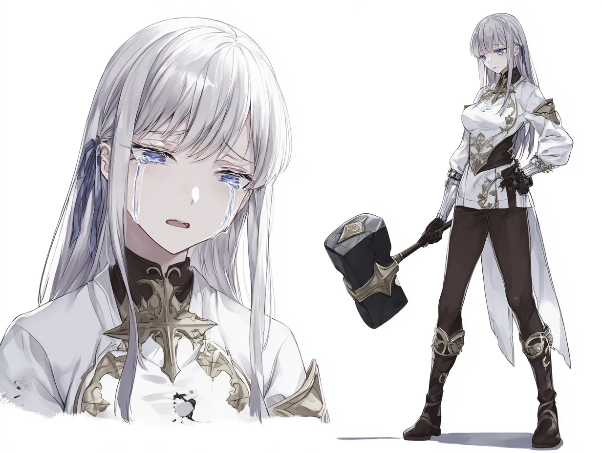 泣き顔のハンマーキャラクター｜悲しき過去｜涙を流しながらも堂々と立つこの泣き顔のハンマーキャラクターは、かつて無実の罪で師を失った過去を持ちます。銀髪と装飾の少ない制服風衣装が、真実を貫こうとする清廉な決意を際立たせます。