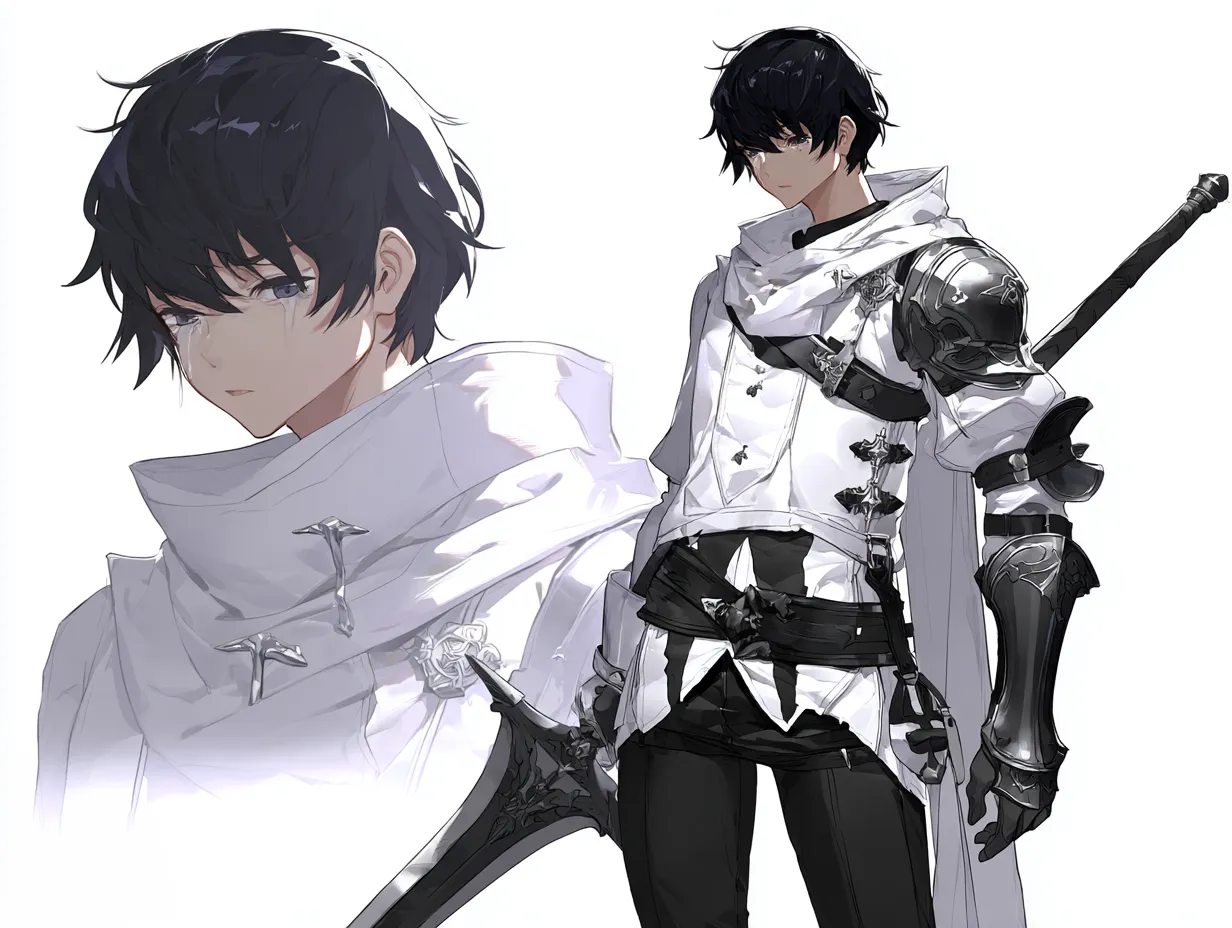 泣き顔の剣士キャラクター｜悲しき過去｜白の衣装と黒の鎧が調和した、静かな決意を秘める青年剣士。淡い涙が頬を伝い、冷静な表情の中に葛藤が垣間見える。かつて兄の命を奪ってしまったという過酷な過去を背負っている。泣き顔の剣士キャラクターは、その贖罪の道を歩むために剣を抜き続ける。