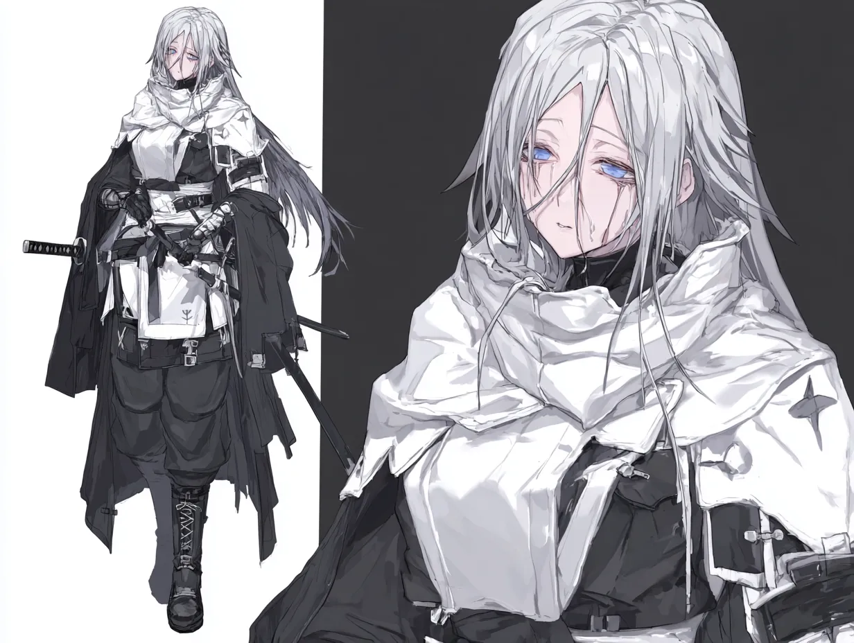 泣き顔の武士キャラクター｜悲しき過去｜白と黒の重装をまとう長髪の武士。和装と西洋風装備が融合した独自のスタイルに、静かな怒りと哀しみがにじむ。幼い妹を守れなかった過去が、彼の笑顔を奪ったまま時を止めている。泣き顔の武士キャラクターは、再び誰かを守るために歩き出した。
