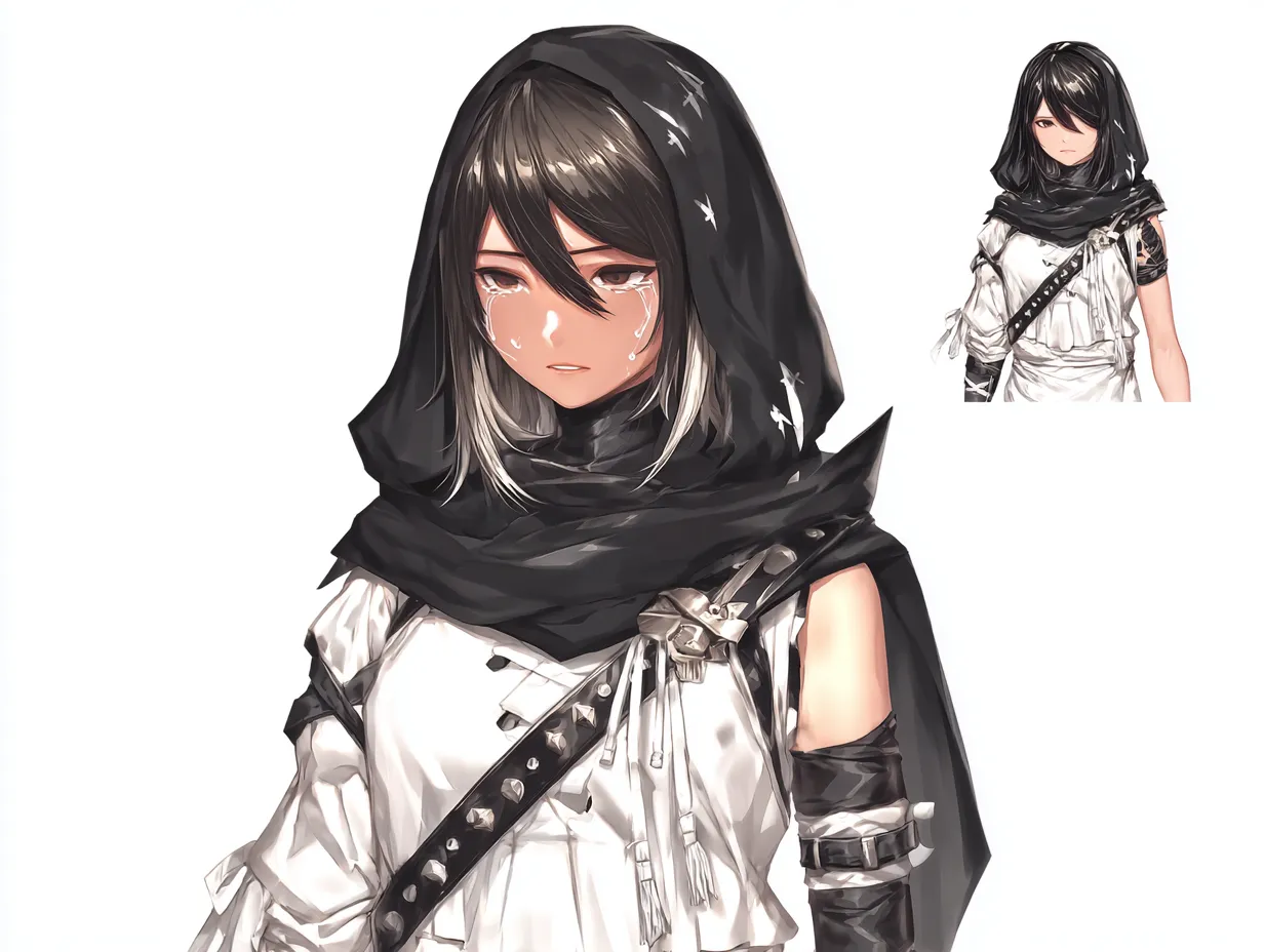 泣き顔の忍者キャラクター｜悲しき過去｜黒のフードを深くかぶった少女忍者。白黒のコントラストが鋭さと清廉さを表現し、瞳から零れる涙がその内なる葛藤を物語る。任務で家族を手にかけた過去が彼女を苦しめ続けている。泣き顔の忍者キャラクターは、忠義と人間らしさの狭間で揺れている。