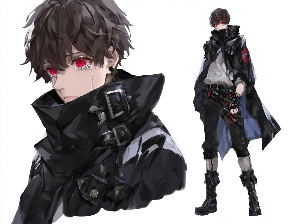 泣き顔の盗賊キャラクター｜悲しき過去｜重ねたベルトと漆黒の装いが印象的な青年盗賊。赤い瞳に浮かぶ涙が、怒りと哀しみの深さを示している。かつて妹を救うために組織に身を売り、罪を重ねたことを後悔している。泣き顔の盗賊キャラクターは、奪ったものの重さに耐えながら今も彷徨っている。