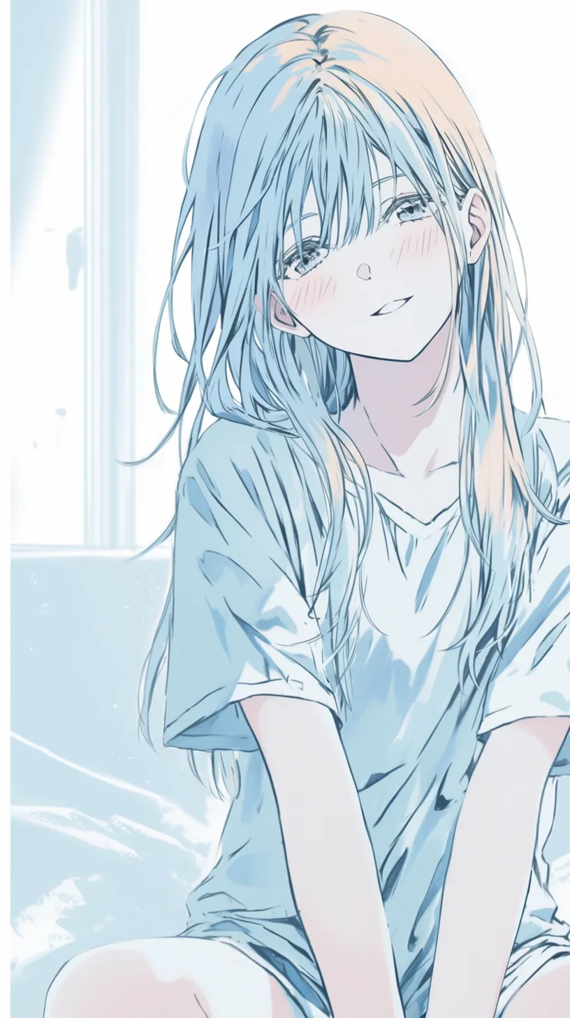 ベッドの上で微笑む少女 かわいいアニメ壁紙｜朝の柔らかな光の中で、ベッドの上に座る少女が優しく微笑むスマホ用壁紙です。ゆるく乱れた髪とリラックスした雰囲気が、心を穏やかにしてくれます。ふんわりとした色使いと温かみのある表情が魅力的な、癒し系のかわいいアニメ壁紙です。