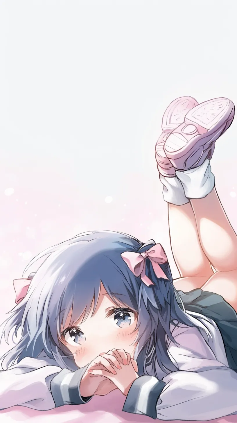 頬杖をつく照れ顔の少女 かわいいアニメ壁紙｜ベッドの上で頬杖をつき、少し照れた表情を浮かべる少女のスマホ用壁紙です。ふんわりとした髪と、ピンクのリボンが可愛らしく、リラックスした雰囲気を演出しています。優しく穏やかな気持ちになれる、かわいいアニメ壁紙として癒し効果抜群のデザインです。