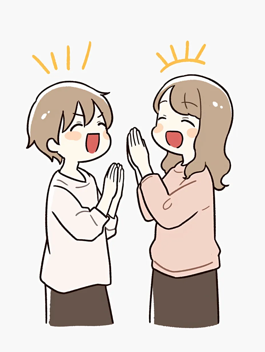 かわいい拍手をする男女ペア｜ふんわりした線とパステル調の色使いが印象的な、男女が笑顔で拍手するイラスト。かわいい拍手の仕草が楽しい会話や共感の瞬間を軽やかに伝えている。