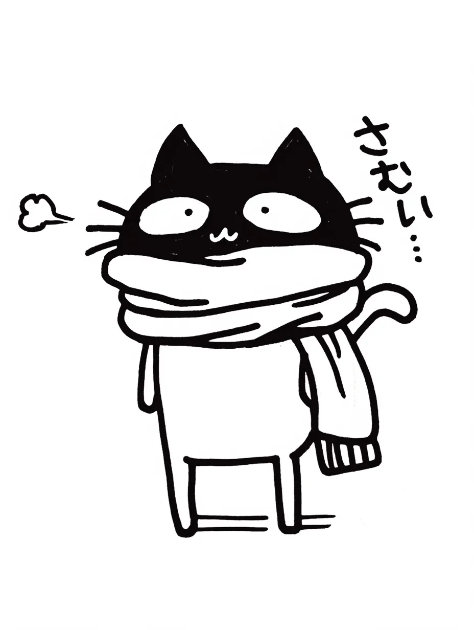 かわいい寒い黒ねこのマフラー｜黒ねこが大きなマフラーを巻いて、寒さに身を縮めている姿がコミカルに描かれている。白黒のコントラストが印象的で、シンプルながらもどこかユーモラスな雰囲気を持つデザイン。
