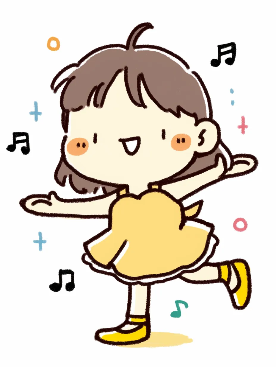かわいい黄色ドレスでダンス中｜黄色いワンピースとシューズを身に着けた女の子が、両手を広げて片足を上げたバレエのようなポーズで「ダンス」の動きを表現。カラフルな記号や音符が舞う中、「かわいい」雰囲気に包まれた一枚となっている。