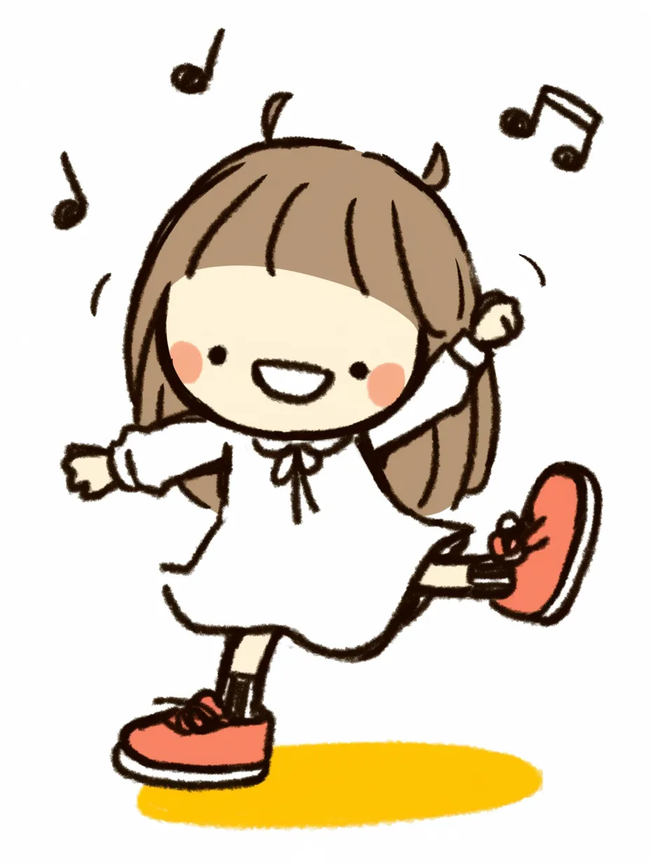 かわいい白ワンピのダンス少女｜白いワンピースと赤いスニーカーのギャップが楽しい、元気いっぱいの女の子が片足を上げて楽しそうに「ダンス」する様子を描いたイラスト。やわらかな線とあたたかみのある表情がとても「かわいい」魅力を引き出している。
