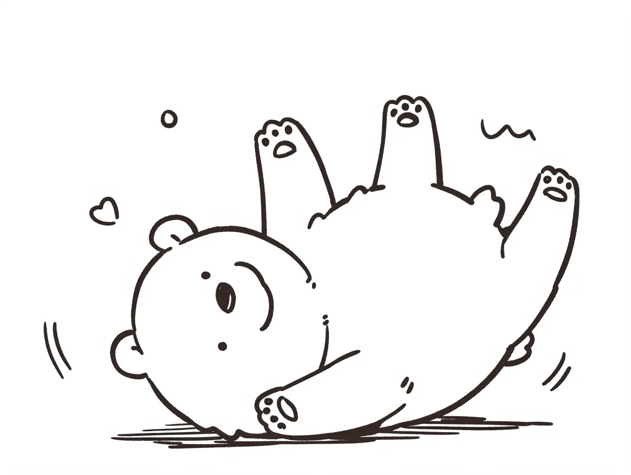 かわいい転ぶクマののんびりごろりん｜コロコロと転がるクマのゆるい表情が魅力のイラスト。シンプルなモノクロ線画ながら、愛らしい雰囲気を醸し出しており、穏やかで和やかな印象。