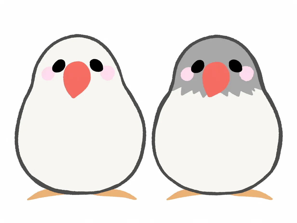 かわいい文鳥のふんわりペア｜ふっくらとしたシルエットが印象的な文鳥のペア。やさしいピンクのほっぺと太めの輪郭線が、かわいい雰囲気をより引き立てているミニマルデザイン。