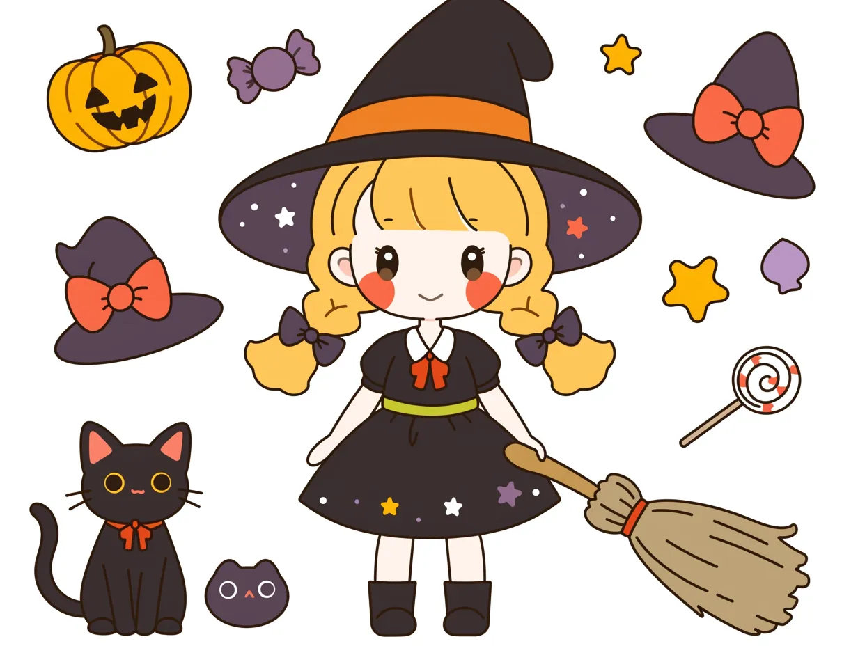  キュートな魔女とハロウィンの仲間たち｜編み込みヘアの少女魔女が、ホウキを手に微笑むかわいらしいイラスト。黒猫やカボチャ、キャンディなど、ハロウィンを彩るアイテムが周りを囲み、賑やかな雰囲気を演出している。かわいいハロウィン魔女が、楽しい夜を迎える準備をしているような温かみのあるデザイン。