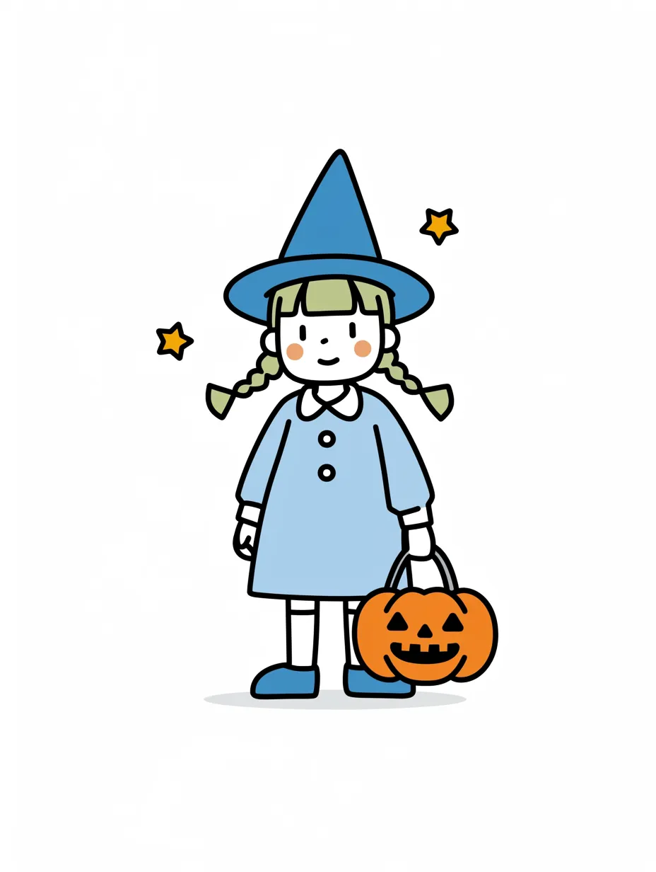 19. かわいいハロウィン魔女と青い魔法｜青い帽子とワンピースをまとった少女魔女が、カボチャのバッグを持って立つイラスト。シンプルなデザインながらも、鮮やかな青とオレンジのコントラストが目を引く。かわいいハロウィン魔女が優雅に微笑む姿が印象的で、どこか夢のような雰囲気を感じさせる。