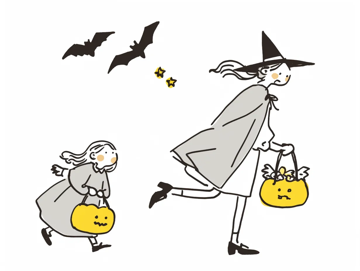 8. 魔女と少女のハロウィンナイト｜ケープを羽織った魔女と小さな少女が、かぼちゃのバッグを手に駆けていくシンプルなイラスト。最小限の色使いがスタイリッシュな印象を与える。かわいいハロウィン魔女のエレガントな雰囲気が漂い、どこか絵本のワンシーンのような美しさがある。