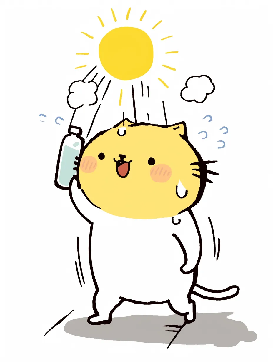 かわいい暑いネコの冷却大作戦｜真夏の強い日差しを浴びながら、ネコが冷たいボトルを頭に押し当ててクールダウンする姿が描かれている。シンプルな線とポップな色使いが元気な雰囲気を醸し出し、かわいい暑い日にぴったりの爽快感あふれるデザインとなっている。