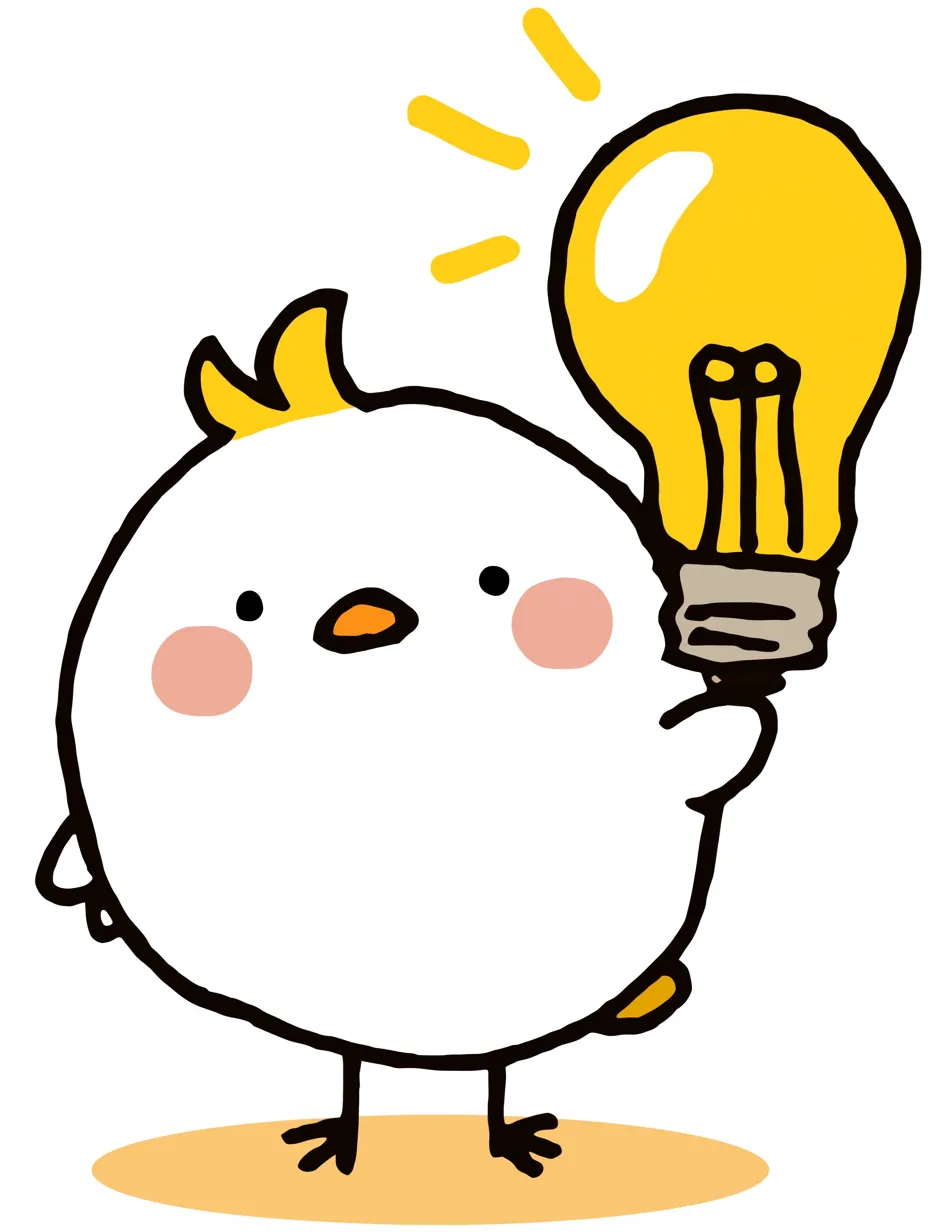 かわいいひらめきひよこのアイデアライト｜ぽってりとしたひよこが、しっかりと電球を持ち上げています。シンプルな線とすっきりとしたデザインが、明るく親しみやすい印象を与えます。かわいいひらめきがパッと灯るような、軽やかで楽しい雰囲気が詰まったイラストです。