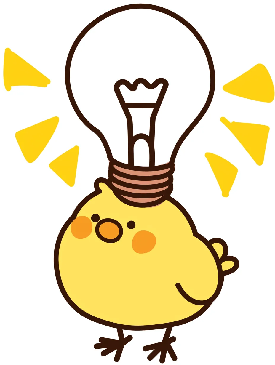 かわいいひらめきひよこの電球ヘッド｜まるっとしたひよこが、大きな電球と一体化したユニークなデザイン。シンプルな線とポップな配色が親しみやすく、思わず笑顔になる可愛らしさがあります。かわいいひらめきが頭の中で輝いているような、楽しく明るい雰囲気の一枚です。